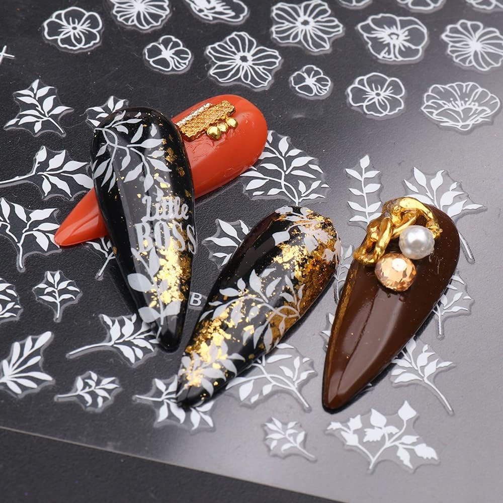 Flowers Nail Decals 3D Self-Adhesive White Floral Nail Art Stickers Wedding Lace Floral Nail Supplies Retro Vine Leaf Pattern Design Luxury Crown Nail Decorations for Women Girls(373-384 White)