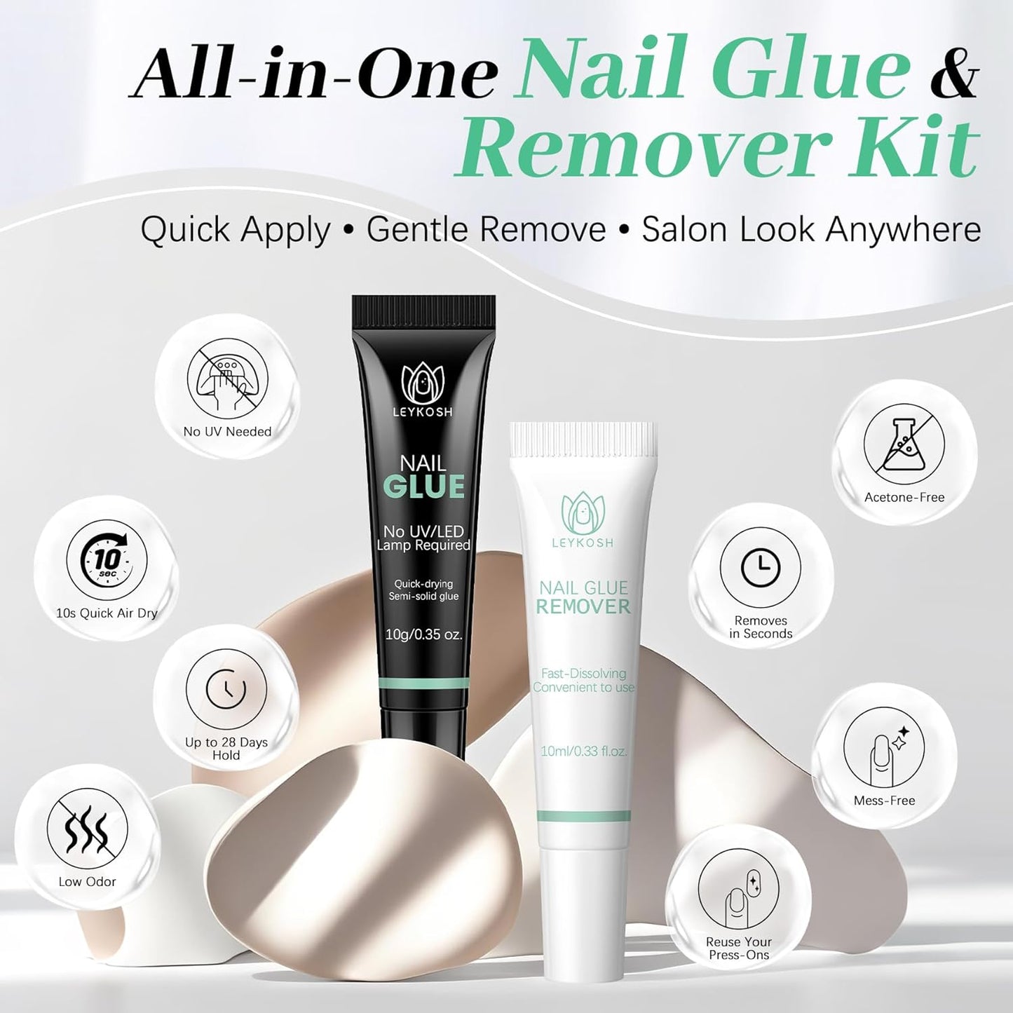 Nail Glue & Nail Glue Remover for Press On Nails, 10g Semi Sold Glue No Curing Needed, 10ml Gentle Quick Remove Not for Gel Polish Base Coat, Upgraded Long Lasting 28+ Days Fake Acrylic Tips