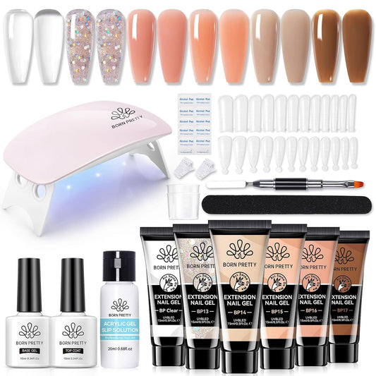 BORN PRETTY Extension Nail Gel Kit-6 Colors Gel Kit Nude Clear Jelly All-In-1 Set Builder Glue with U V Lamp Base Top Coat Set Forms French Manicure Set for Beginner
