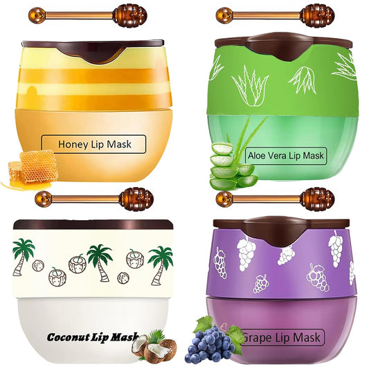 4 PCS Bee Lip Balm Honey Pot, Honey Coconut Aloe Vera Grape Sleeping Lip Mask Overnight with Sticks, Exfoliating Prevention Dry and Crack Lip Scrubs