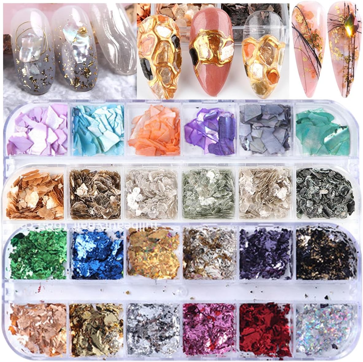 3 Boxes 36 Grids Nail Art Foil Flakes Glitter Irregular Mica Seashell Flakes,Nail Supplies Glitter Slice Colorful Marble Seashell DIY Acrylic Decorations Charms