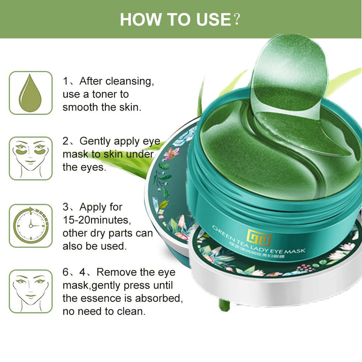 Under Eye Mask, Collagen Eye Mask 60 pcs, Green Tea Extract Under Eye Patches, Eye Mask for Puffy Eyes, Undereye Dark Circles Treatments, Under Eye Pads, Anti-Wrinkle Gel Pads