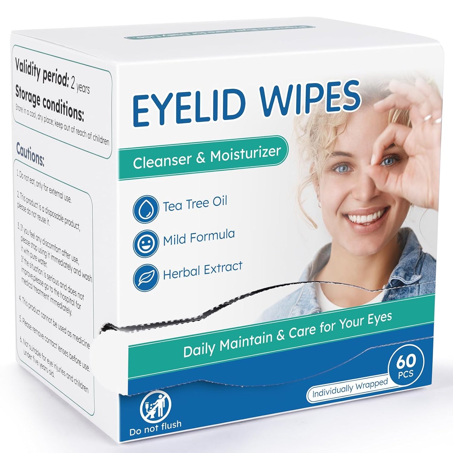 60-Count Eyelid Cleansing Wipes for Dry Eye & Blepharitis, tea tree oil Pre-Moistened Hypoallergenic EyeWipes for Sensitive Itchy Eyes, Individually Wrapped Eyelid Wipes Travel Essentials