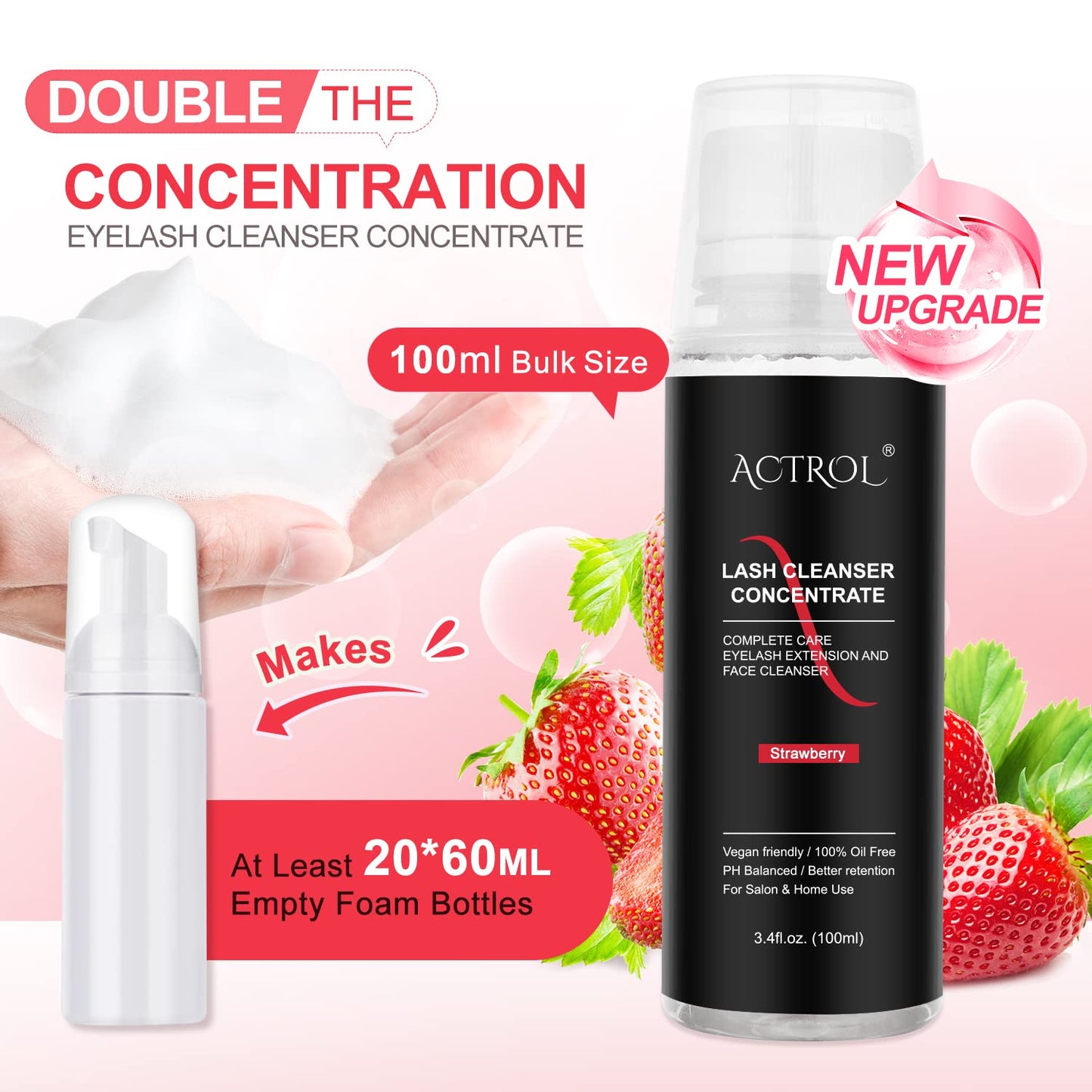 Eyelash Cleanser Concentrate 100ml Strawberry Professional Lash Shampoo Foaming Cleanser Paraben & Sulfate Free Non-lrritating Wash for Extensions Lashes Care-Makes 20 Bottles