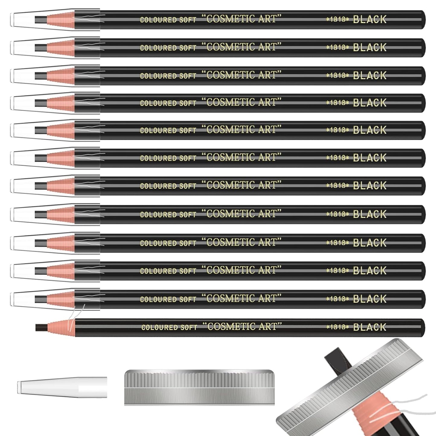 12 Piece Black Colour Waterproof Eyebrows Pencil Tattoo Makeup And Microblading Supplies Kit-Permanent Eye Brow Liners In Waterproof Eyebrow Pencils Peel - Brow Pencil Set For Marking(12 Pcs)