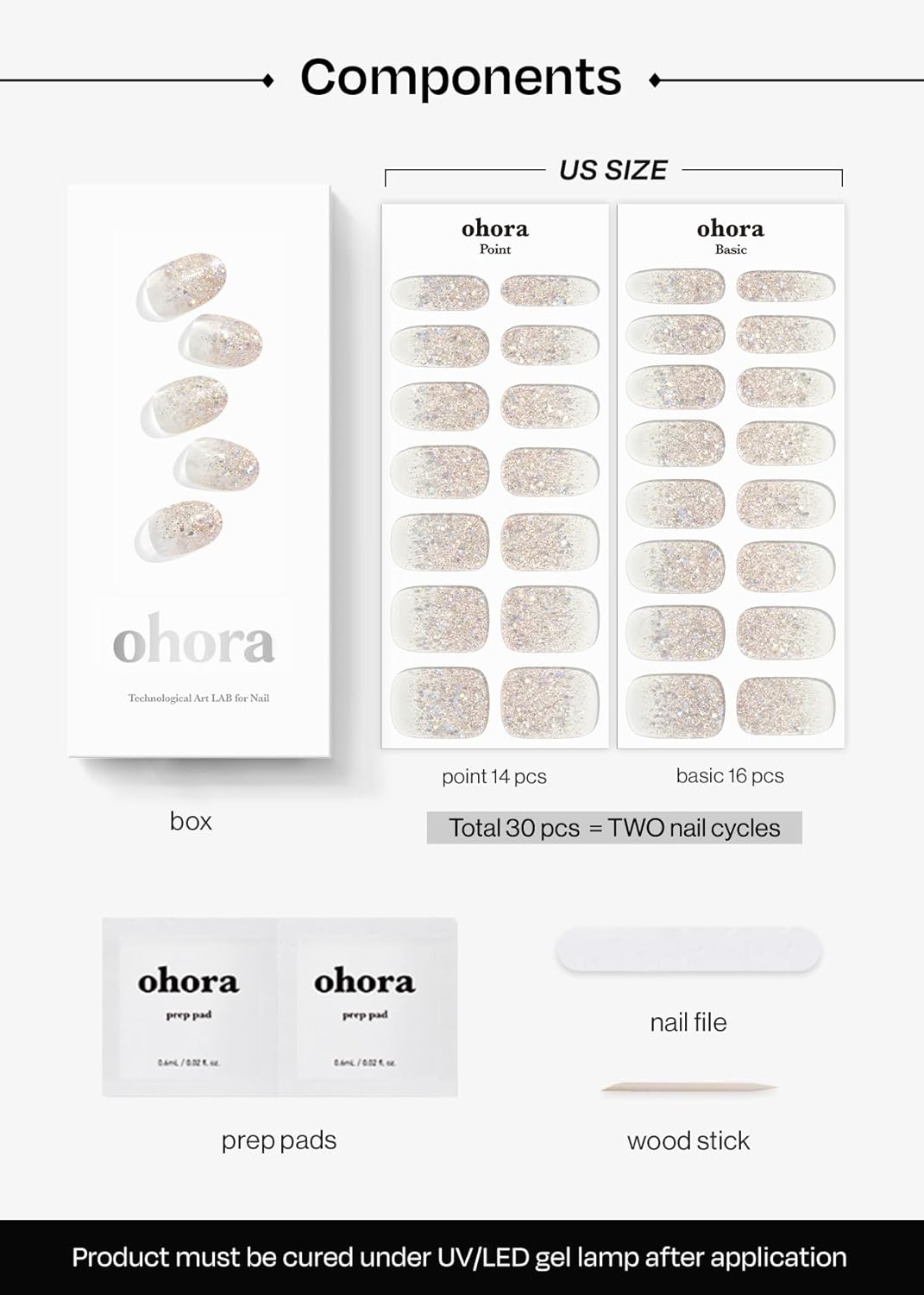ohora Semi Cured Gel Nail Strips (N Sparkle Glam) - Nude, Glitter, Works with Any UV/LED Lamps, Salon-Quality, Long Lasting, Easy to Apply & Remove - Includes 2 Prep Pads, Nail File & Wooden Stick
