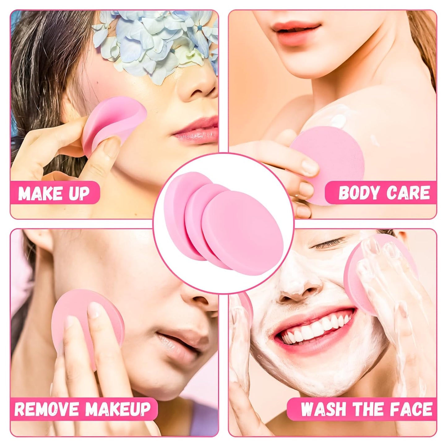 MotBach 100 PCS Pink Round Makeup Sponge, Cosmetic Sponge Round Foam Pad Eye Facial Powder Puff, Beauty Makeup Foundation Powder Blender for Women Lady All Skin Types Wet and Dry Dual Use