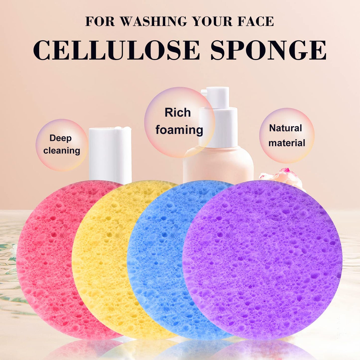 50-Count Facial Sponges Compressed Natural Cellulose Sponge Round Shape Face Sponge for Face Cleansing Exfoliating and Makeup Removal, Purple