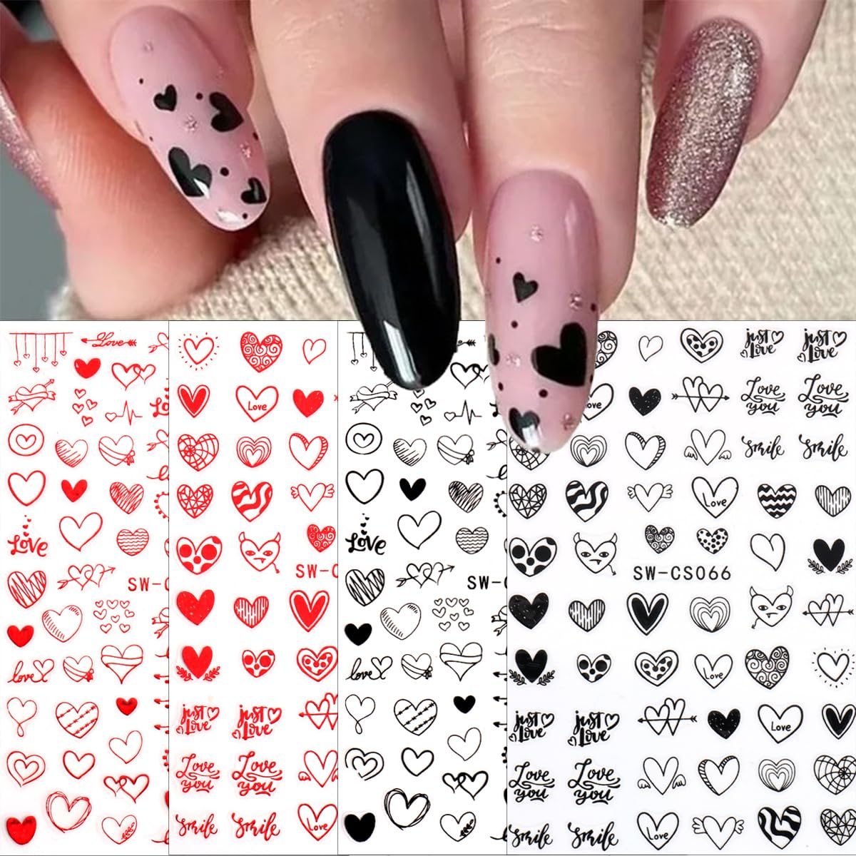 8 Sheets Valentines Nail Stickers Decal 3D Self-Adhesive Romantic Red Heart Nail Art Stickers Love Hearts Nail Design Acrylic Nail Art Supplies Valentines Day Nail Decals for Women DIY Nail Decoration
