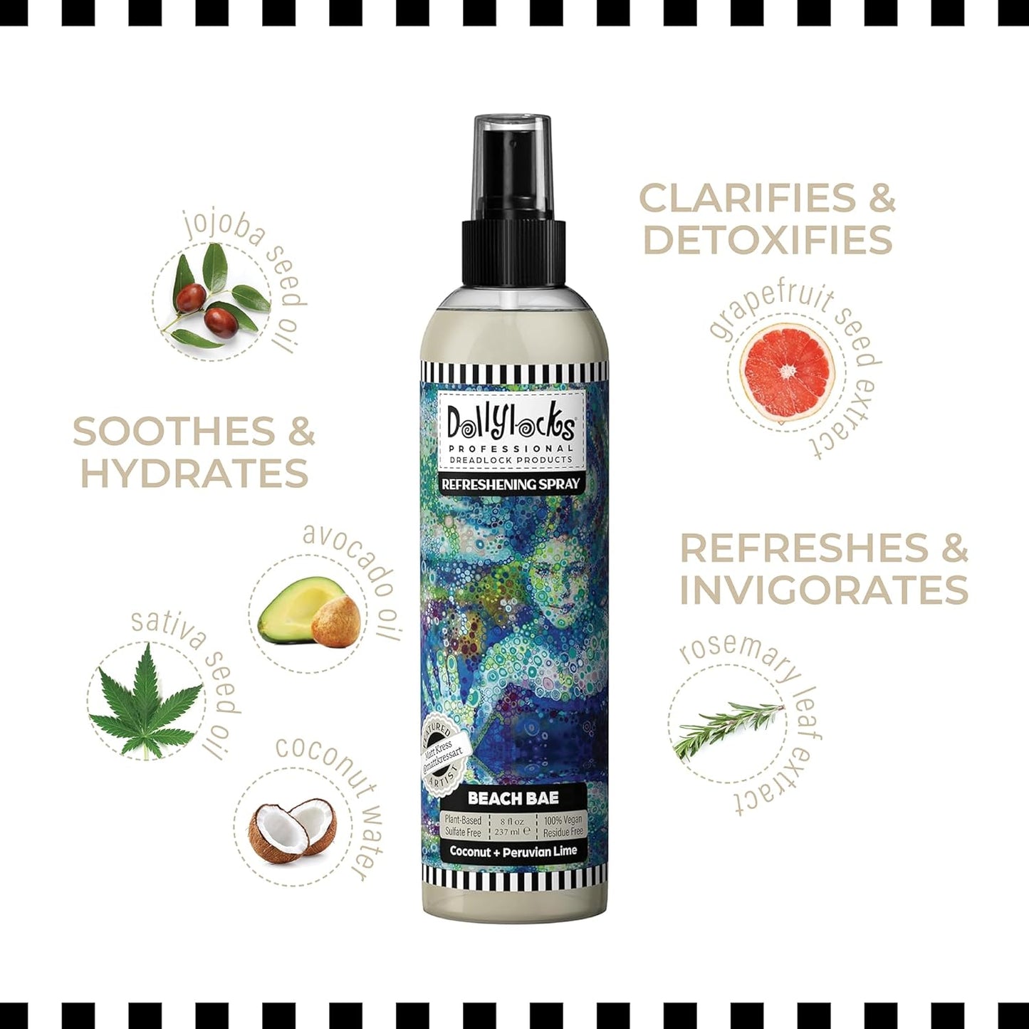 Dollylocks Refreshening Spray – Residue-Free Dreadlock & Loc Moisturizer Spray, Plant Based Deodorizer & Conditioner for Dreads,Vegan & pH-Balanced (Beach Bae Scent, 8oz)