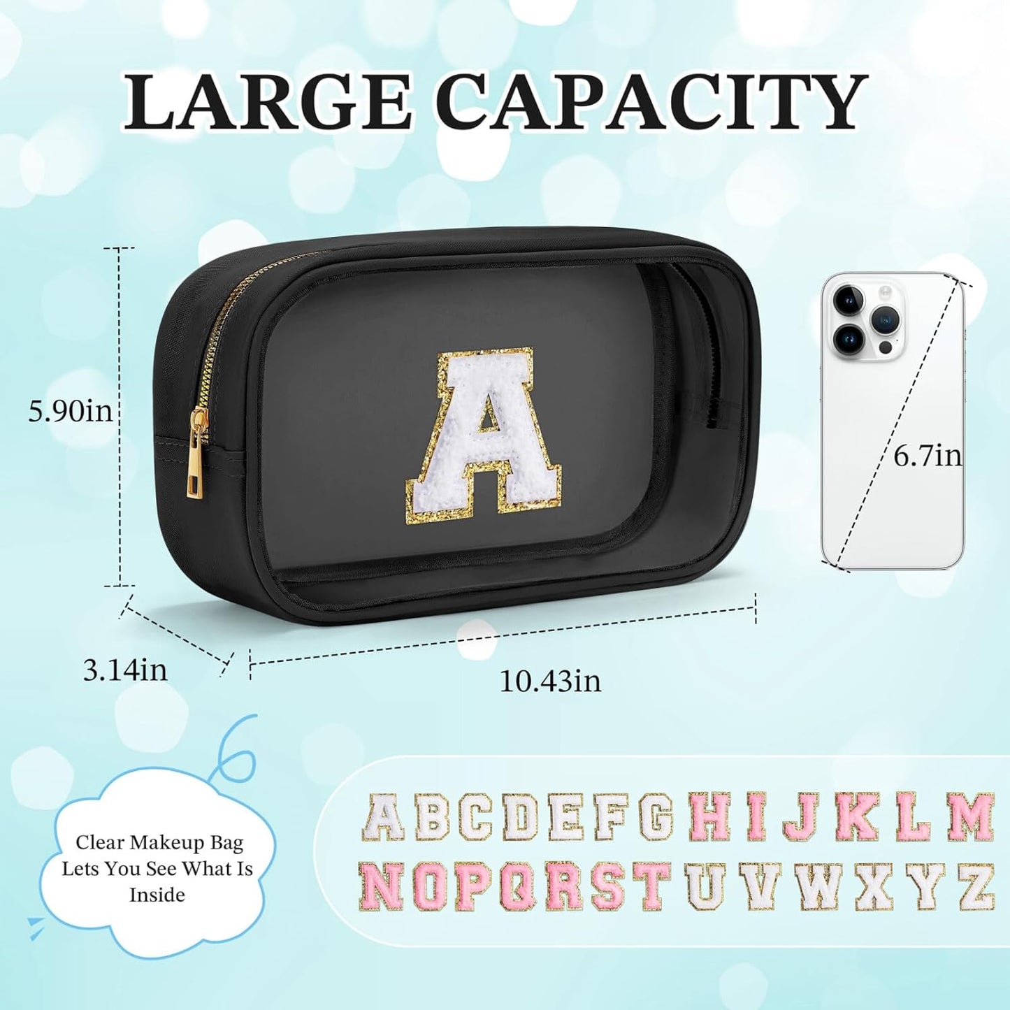 YOOLIFE Travel Clear Makeup Bag Toiletry Bag, Make up Bag Waterproof Toiletry Bags for Women Cosmetic Bag Birthday Gifts for Women Personalized Mother Girlfriend Wife Bridesmaid Gifts Black Letter S