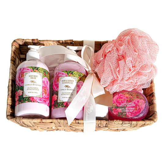 Camille Beckman Essentials Gift Basket, Glycerine Rosewater, Glycerine Hand Therapy 6 oz, Silky Body Cream 13 oz, Hand and Shower Cleansing Gel 13 oz, Glycerine Soap 3.5 oz