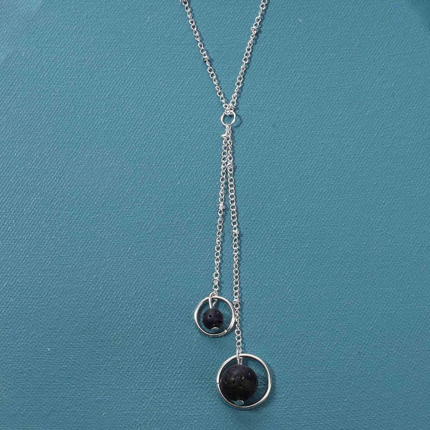 Boho Lava Stone Necklace Chain Silver Layered Chain Y Necklace Lava Bead Lariat Necklace Anxiety Essential Oil Diffuser Necklace Jewelry for Women