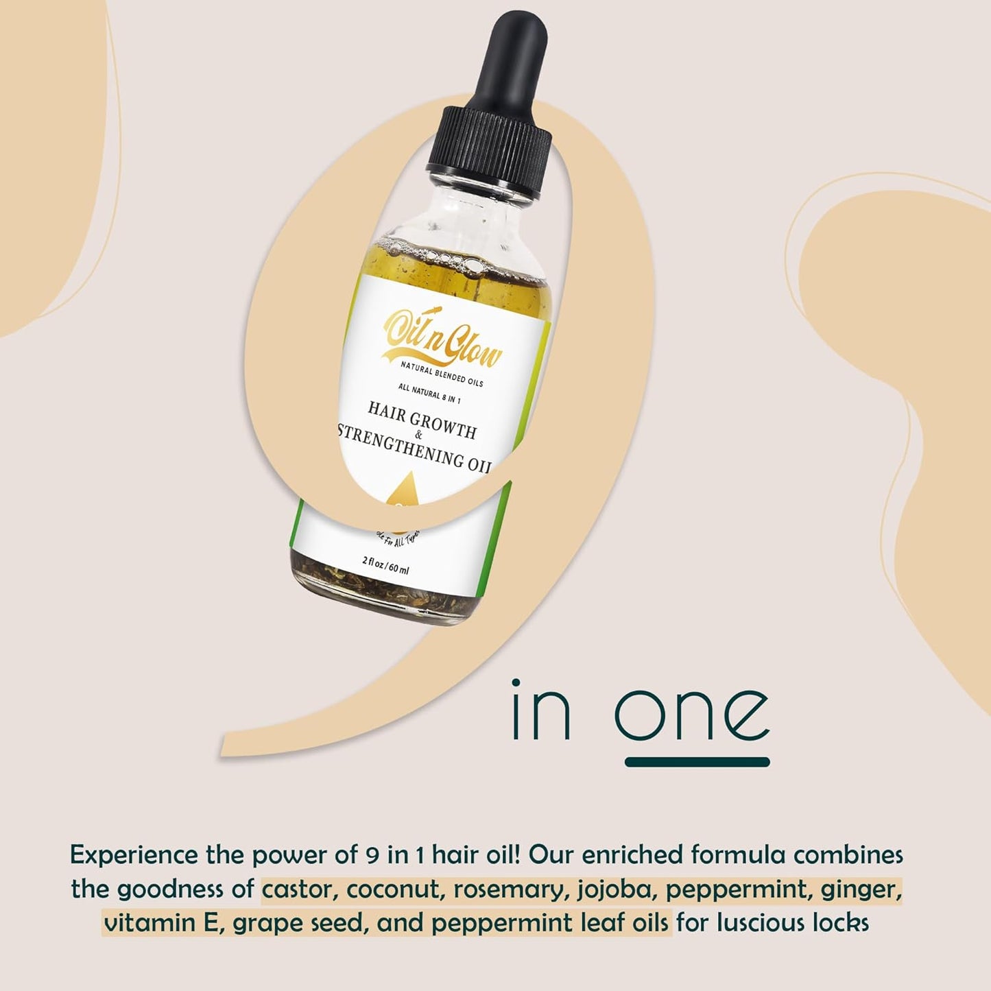 USDA Certified Organic 9 in 1 Natural Hair Growth Serum & Strengthening Oil with Rosemary, Castor, 100% Vegan Jojoba, Coconut, Grape Seed, Ginger & Scalp DHT Blocker Peppermint Oil 2 FL