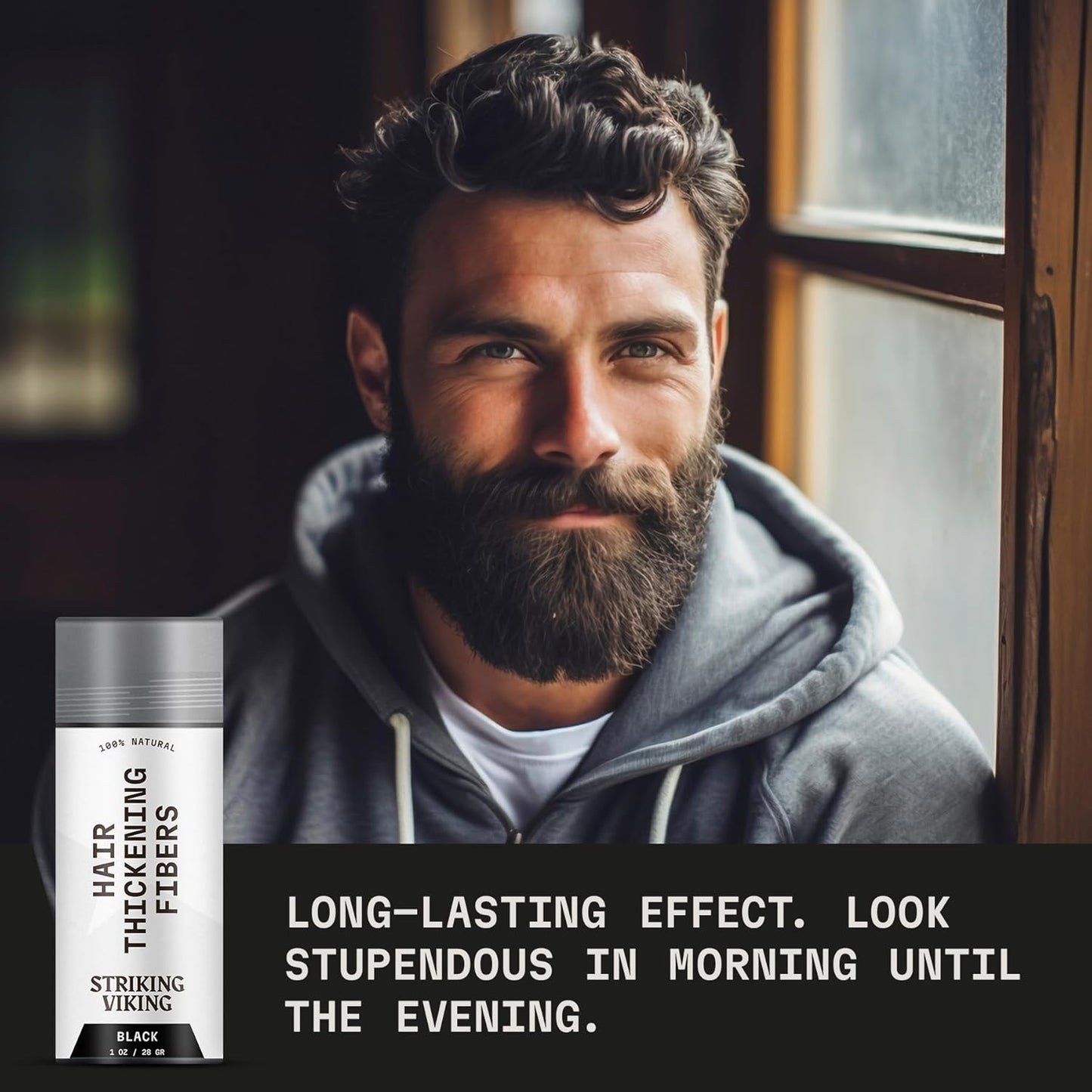 Striking Viking Hair Building Fibers - 28g, Black - Fuller Look Thinning Hair Fibers - Bald Spot Concealer & Barber Enhancement - Clump-Proof Powder & Hold Spray