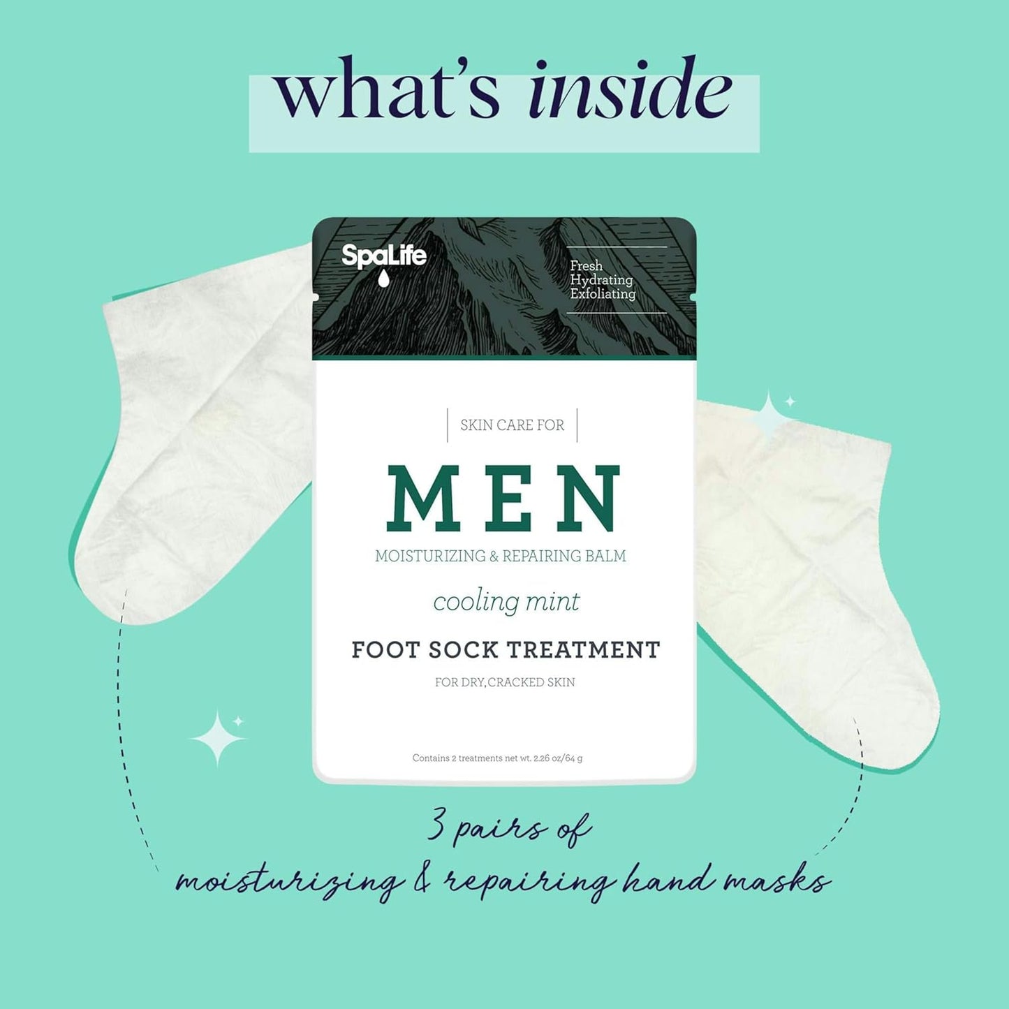 Spa Life Men's Cooling Mint Foot Repair Balm and Moisturizing Socks Set - Revitalizing Hydrating Foot Mask for Soothing Tired, Achy Feet and Softening Dry, Cracked Skin One Size Fits Most- 6 Pairs