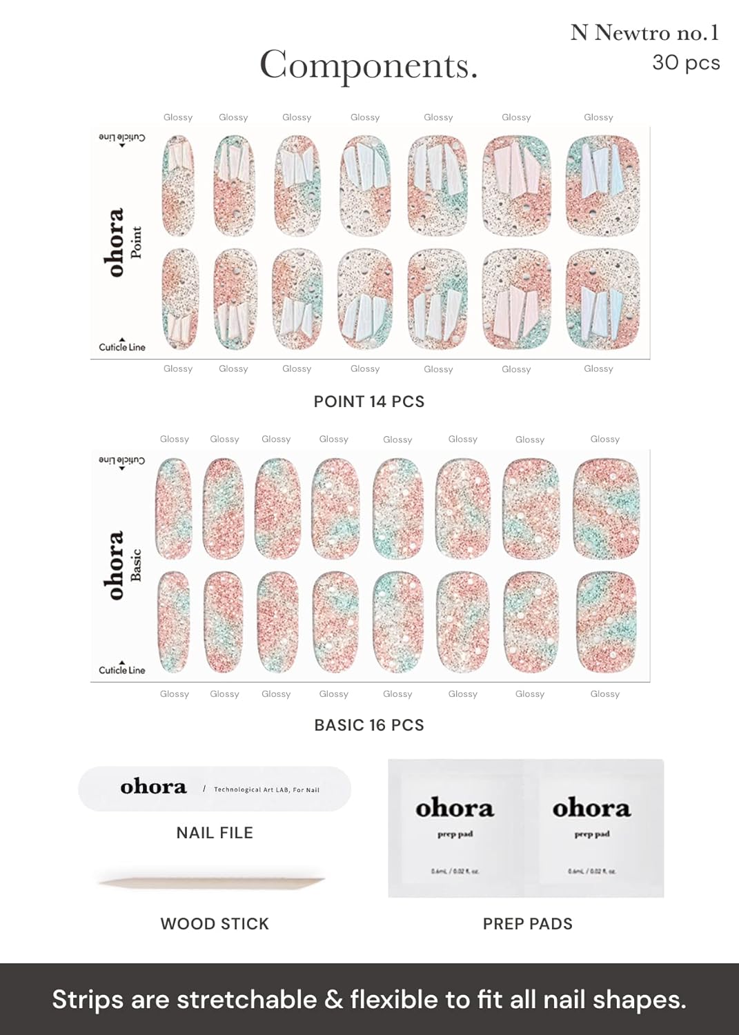 ohora Semi Cured Gel Nail Strips (N Newtro no.1) - White, Metallic, Works with Any UV/LED Lamps, Salon-Quality, Long Lasting, Easy to Apply & Remove - Includes 2 Prep Pads, Nail File & Wooden Stick