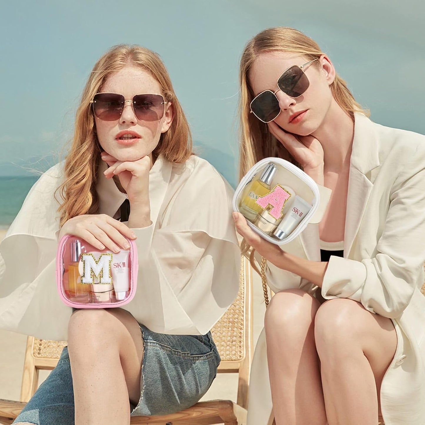 YOOLIFE Initial Make Up Bag Travel Toiletry Bag, Clear Makeup Bag Preppy Cosmetic Bags Organizer Travel Essentials Gifts for Women Teen Girlfriend Teacher Mom Birthday Mothers Day Gifts White I