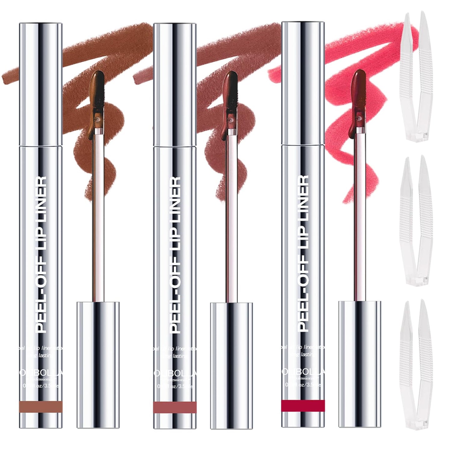 3 Colors Peel Off Lip Liner Stain Kit, Long Lasting Waterproof Lip Tint Stains Makeup Set with Matte Finish for Women, Natural Look, Easy to Use, for All Skin Types, Tweezer Include (#2,3,6)