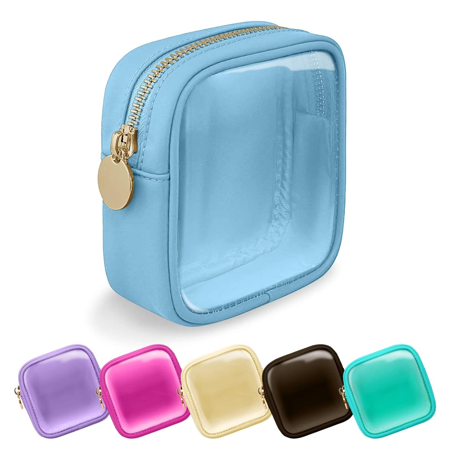 Clear Mini Makeup Bag for Purse, Small Nylon&PVC Cosmetic Travel Bag TSA Approved Toiletry Bag with Zipper, Preppy Transparent Makeup Travel Bag Coin Purse for Women Men Girls(Mini-Blue)