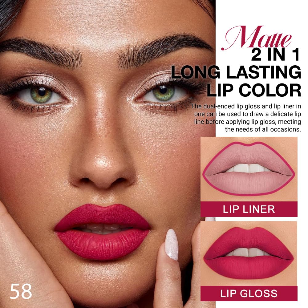 evpct 1Pcs Ruby Rose Red Matte Lip Liner & Liquid Lipstick Stain Makeup Set for Women, Red Lip Liner Stain Long Lasting Waterproof Smudge Proof, Cruelty Free Lip Stick Makeup 24 hours originales, 58