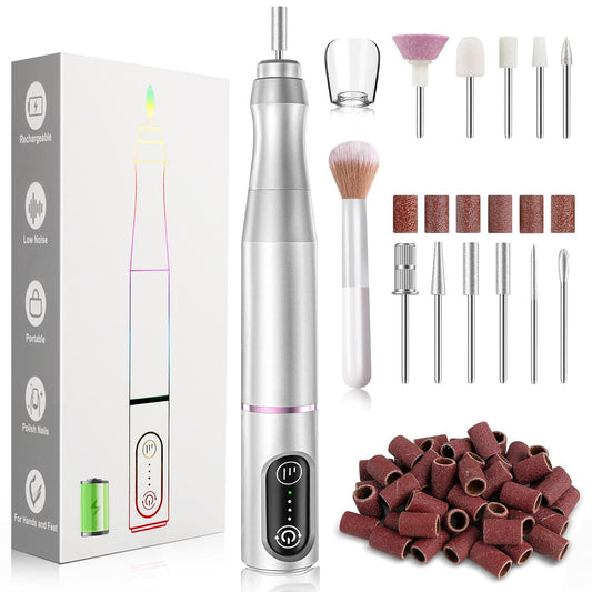 Cordless Nail Drill Electric Rechargeable File Kit, Professional Efile Acrylic Gel Nail Polish Remover Pedicure Manicure Machine Portable Set with 11 Bits 56 Sanding Bands for Salon (Silver)