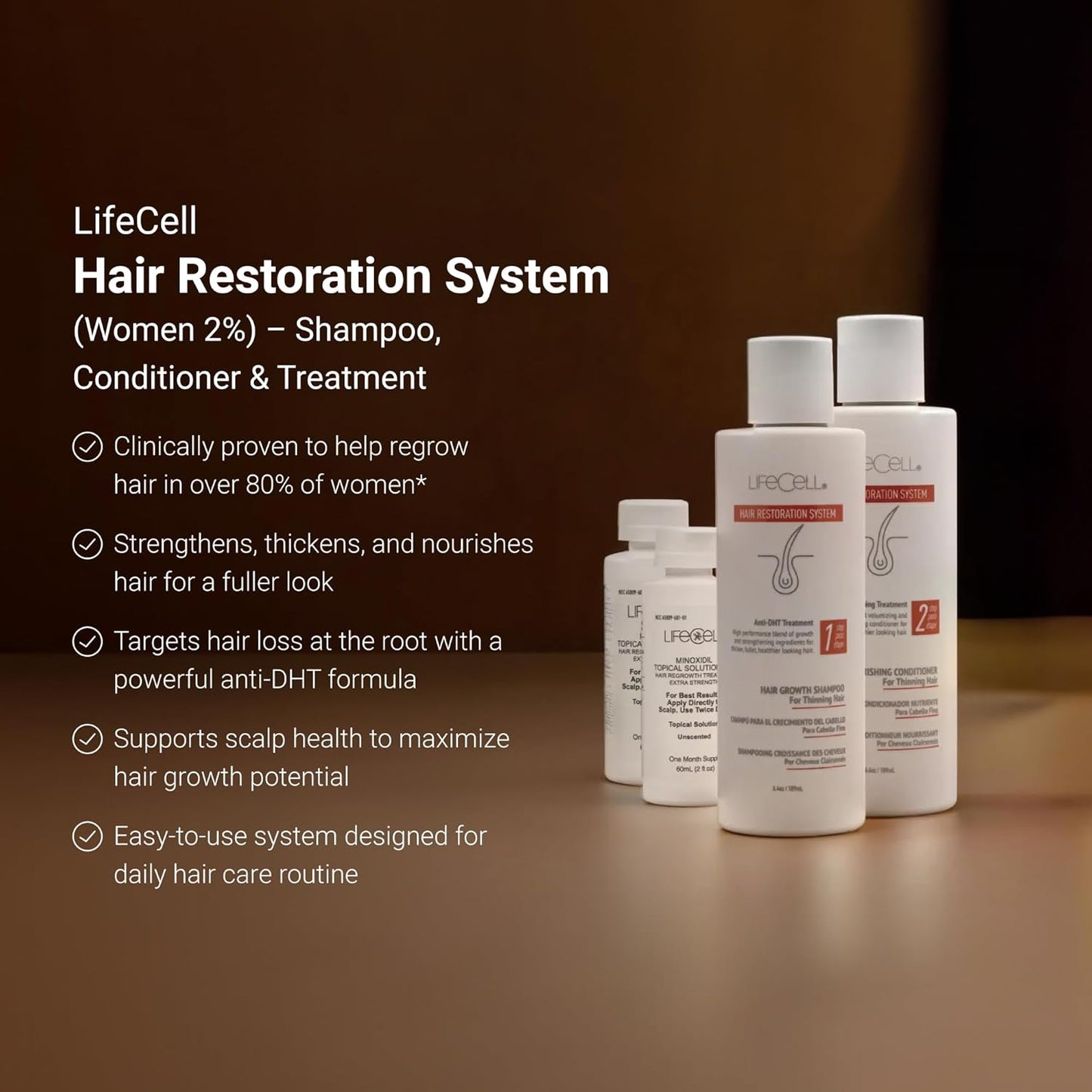 LifeCell Hair Restoration System for Women 2% – Hair Growth Treatment with Minoxidil, Anti-DHT Shampoo & Conditioner – Thicker, Fuller Hair – Supports Scalp Health & Hair Regrowth – 16.8 Fl Oz