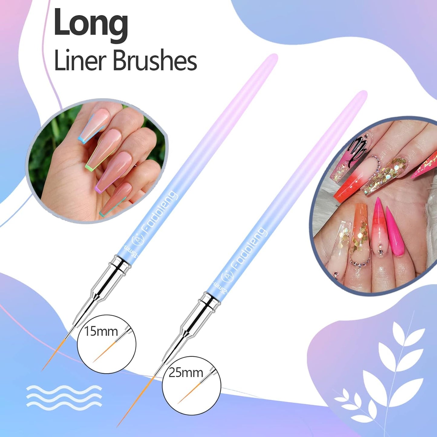 Liner Brush for Nails, 6Pcs Thin Nail Art Brushes Professional Nail Detail Brush for Gel Polish Sizes 5/7/9/11/15/25mm (Blue and Pink)