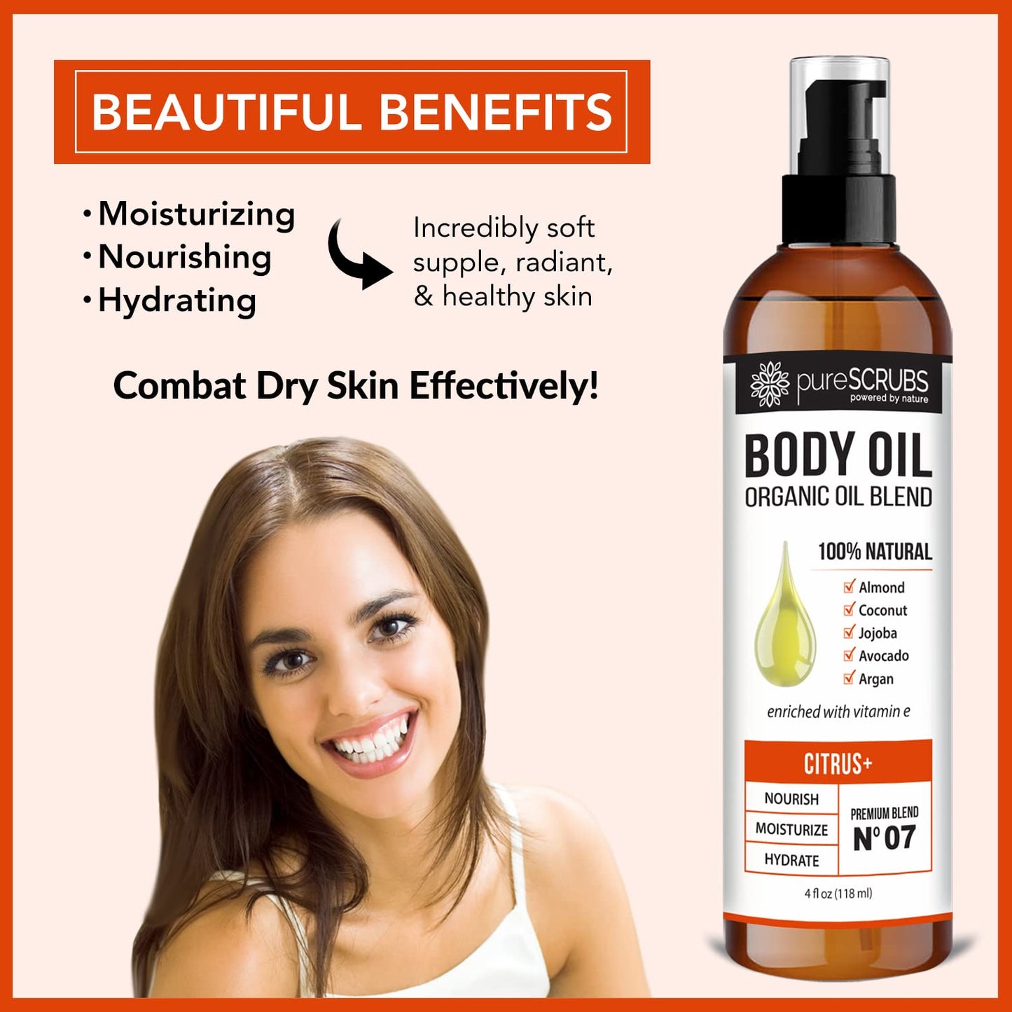 pureSCRUBS Ultra Moisturizing Citrus+ Body Oil Spray for Dry Skin, Massage, Cuticles & More Organic Super Blend of Jojoba, Argan, Coconut, Sweet Almond & Avocado Oils Enriched with Vitamin E, Lg 4oz