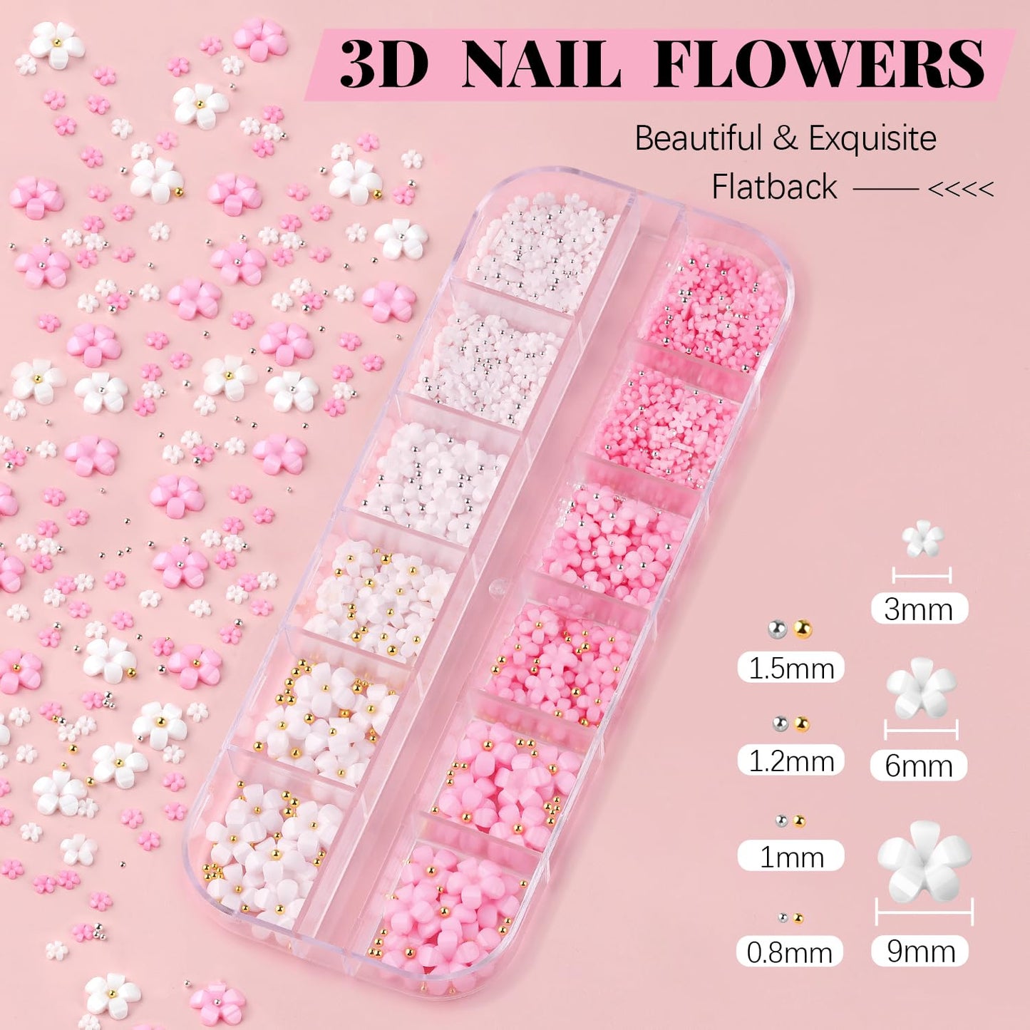 3D Flowers Nail Charms and Gems with Nail Rhinestone Glue Gel, Cute Colorful Acrylic 3D Flowers for Nails with Caviar Beads, Rhinestones for Nails and Gem Glue with Pickup & Dotting Tools