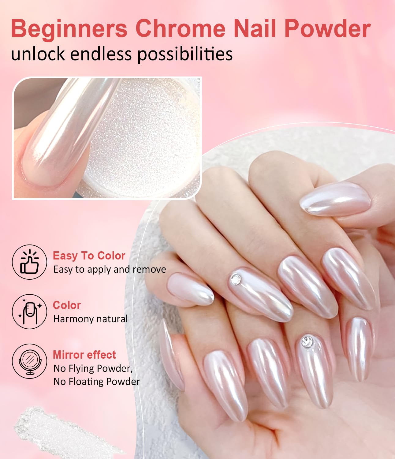Pearl Chrome Nail Powder BISHENGYF -【Metallic Mirror Effect】Magic Mirror Silver Chrome Nail Powder White Aurora Mermaid Iridescent Nail Chrome Powder Glitter Pigment Dust For Nail Art Decroation DIY