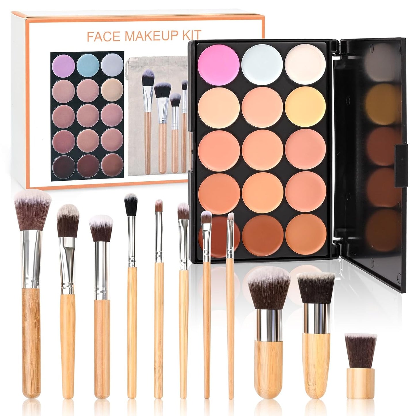15 Colour Makeup Contour Palette Cream Kit, with 11 Pcs Complete Function Makeup Brushes Set and Storage Bag, Highlighting Light, Medium to Dark, Vegan & Cruelty Free