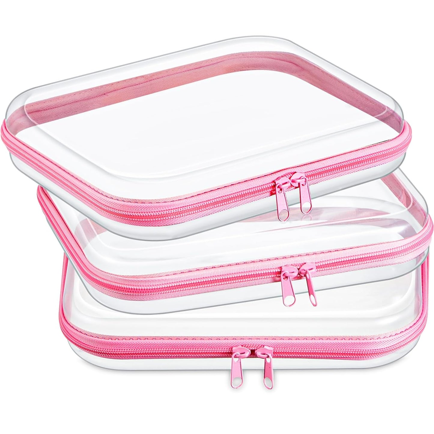 Hoolerry 3 Pcs Clear Hard Zipper Case Plastic Pouch Transparent Hard Case Clear Makeup Bag Portable Travel Organizer Bin for Cosmetics, Building Blocks, Puzzles(Pink,M)