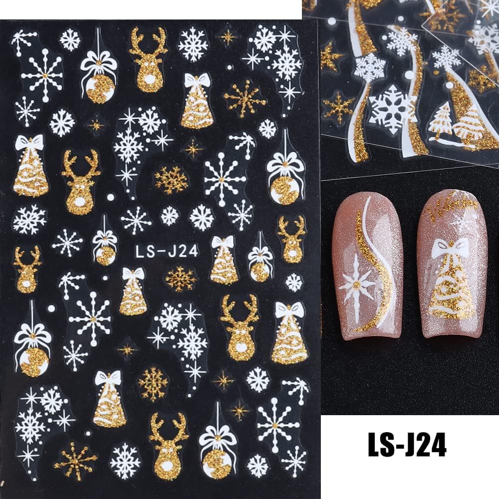 8 Sheets Christmas Glitter Nail Art Stickers Decals Self-Adhesive Pegatinas Uñas Holiday Gold Silver Reindeer Line Snowflake Nail Supplies Nail Art Design Decoration Accessories