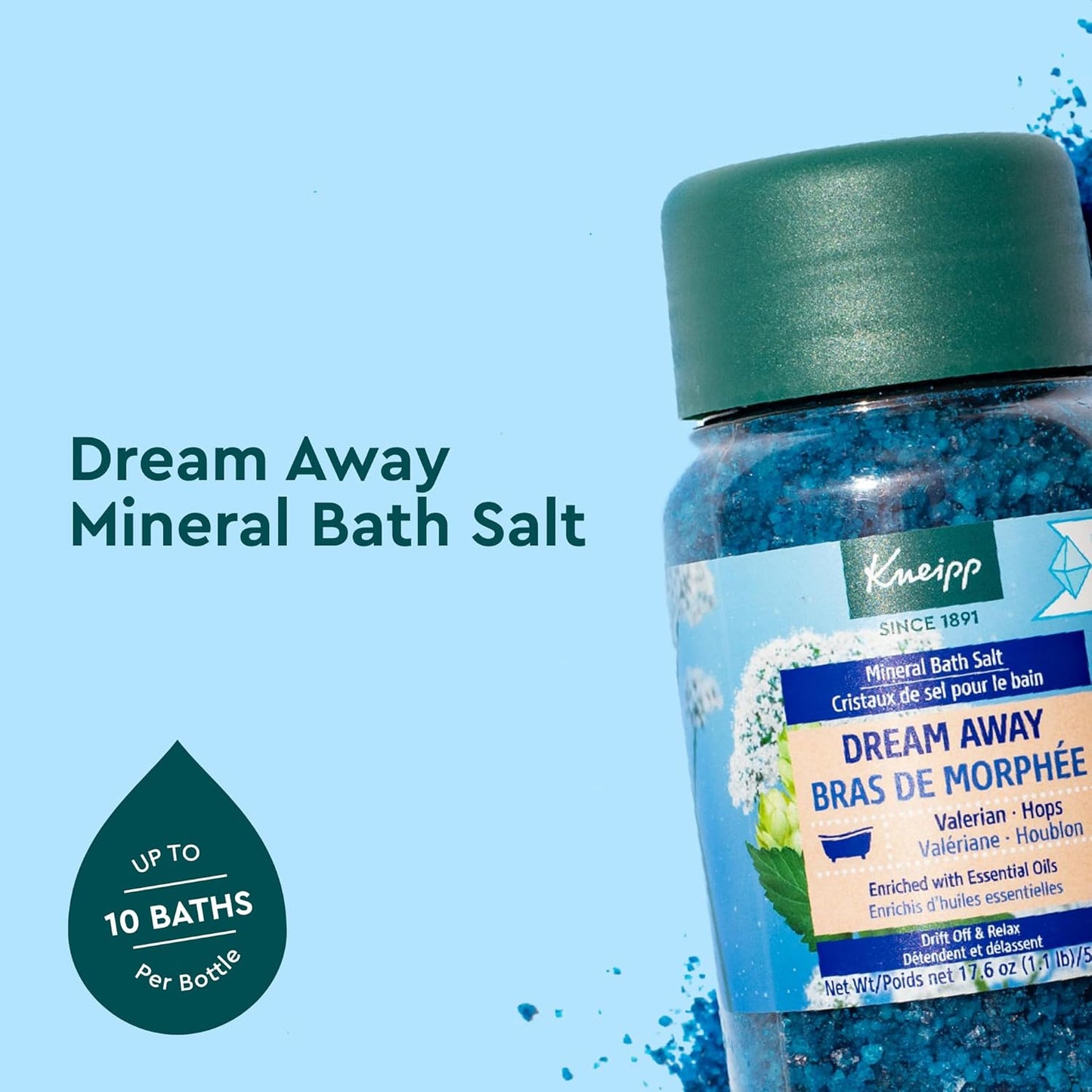 Kneipp Dream Away Mineral Bath Salt with Valerian & Hops - Soothing Bedtime Bath Blend - 17.6 oz - Up to 10 Baths