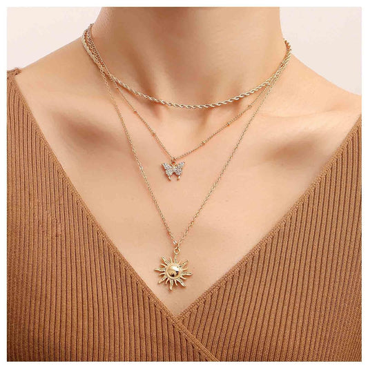 Bohemia Layered Sun Necklace Choker Crystal Butterfly Pendant Necklace Gold Rope Chain Necklace Vintage Sunflower Necklace Jewelry for Women and Girls