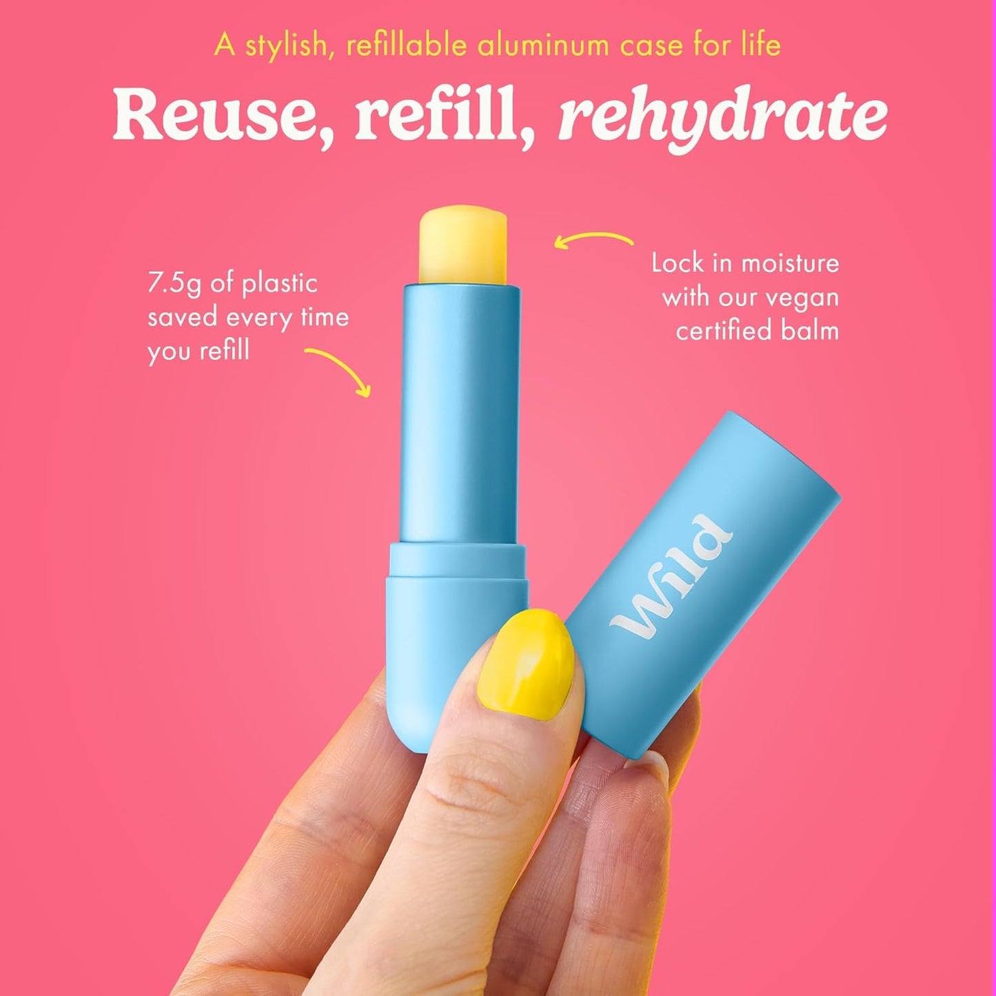 Wild Refillable Lip Balm Starter Kit - Includes Blue Aluminum Case & 3 Pack Lip Balm Refills in a Variety of Scents - Includes Coconut & Vanilla, Passionfruit Swirl & Watermelon Flavors