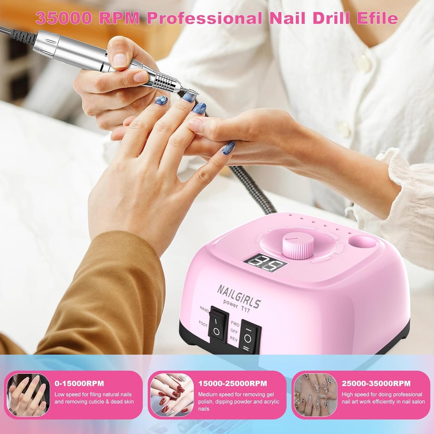 Nail Drill Machine，Professional Electric Nail File Set 35000RPM Nail File Drill Acrylic Nails Kit for Manicure Gel Nail Polish Remover (Pink)
