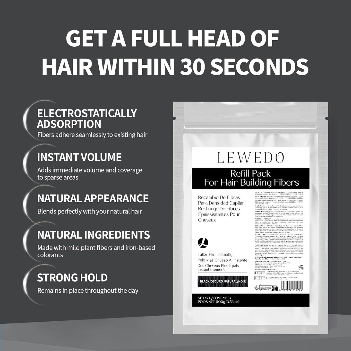 Hair Building Fibers Refill Pack - 100g Instant Thickening Fibers for Men & Women, Natural Cotton Powder, Wind/Rain Resistant, For All Hair Fiber Applicator Bottles (Dark brown)