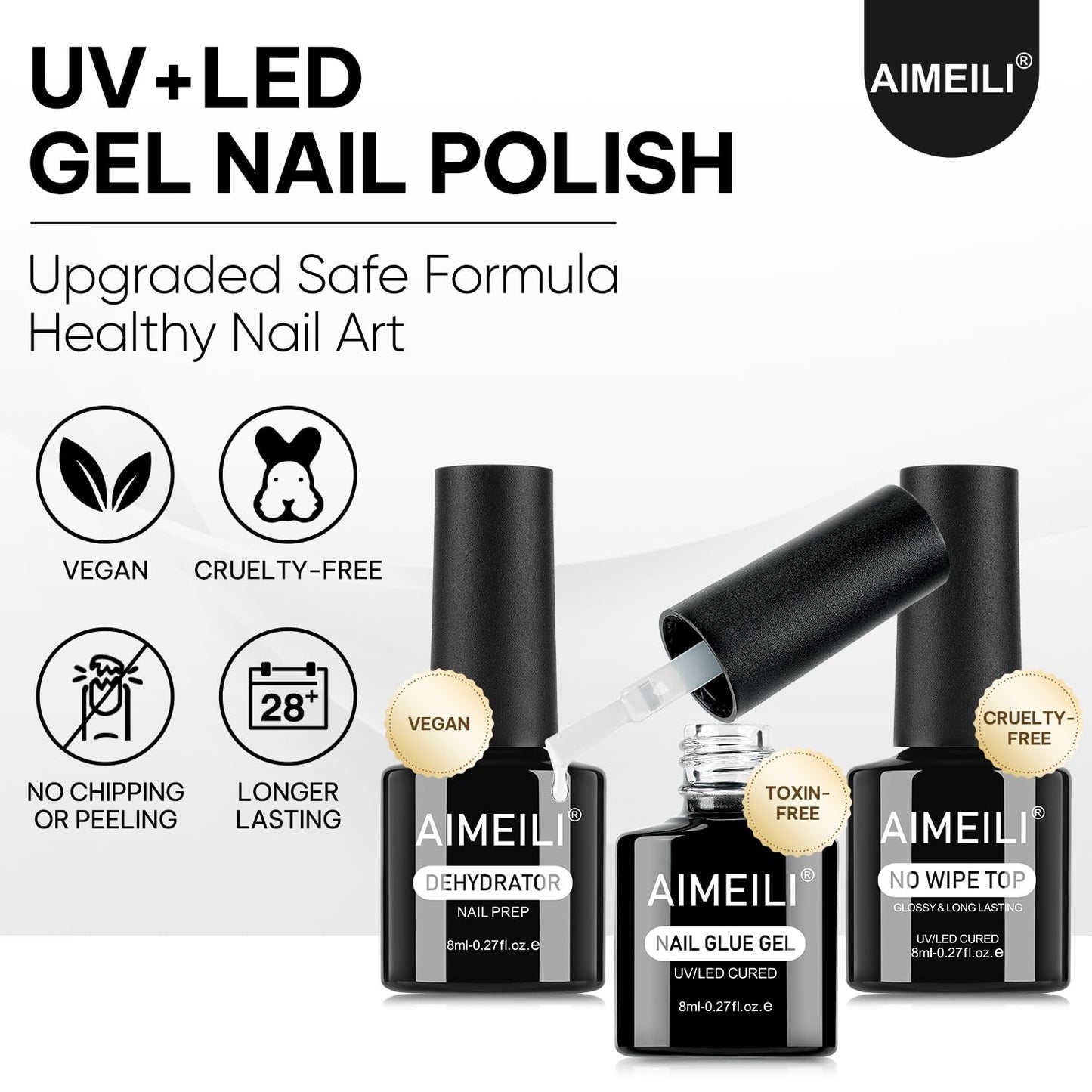 AIMEILI Nail Glue Gel with Top Coat and Prep Dehydrator 3 PCS, Hema Free, Cruelty Free, Vegan, Clear High Gloss Gel Nail Polish Long Lasting Nail Art