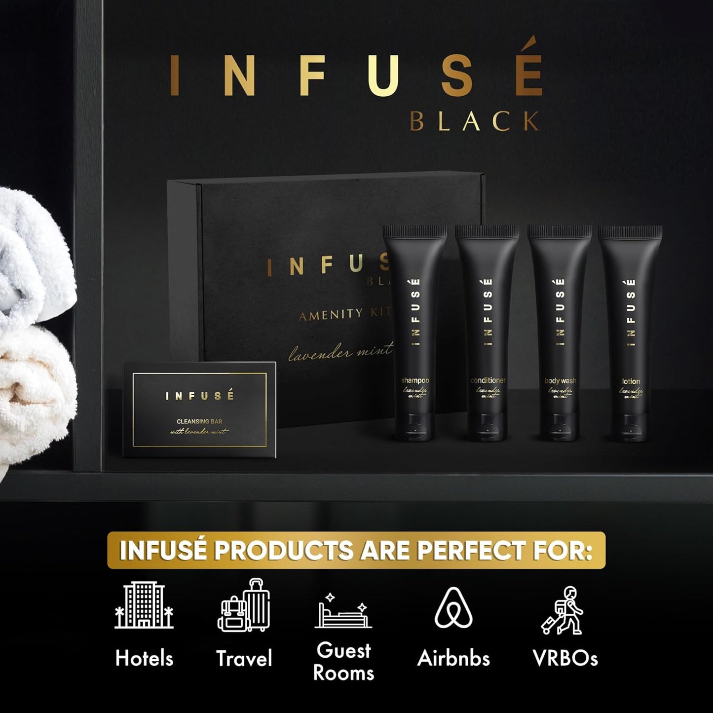 Infuse Black Amenity Kit | Boxed Hotel Toiletries | Bulk Set 1 oz Travel Size Shampoo, Conditioner, Lotion, Body Wash & Cleansing Bar for Guest Hospitality AirBnB/Vacation Rentals | 75 Pieces