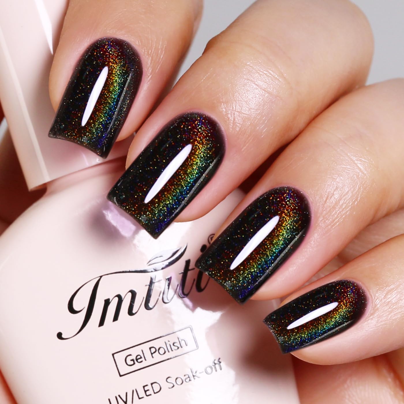 Imtiti Cat Eye Gel Nail Polish, Black Rainbow Holographic Magnetic Gel Polish With Magnet Glittery Iridescent Galaxy Nail Gel Polish Spring Summer Gel Polish Kit Soak Off UV Led 10ML