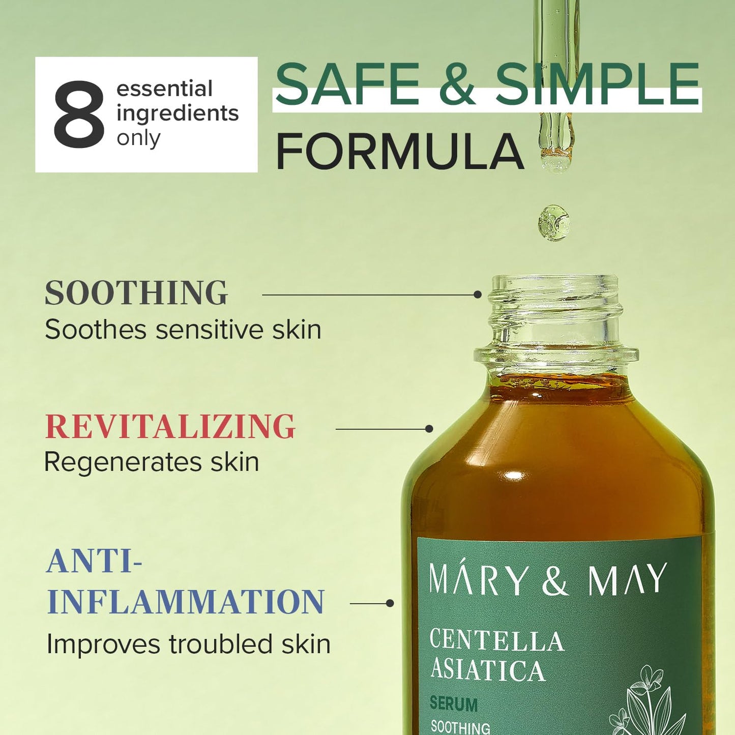 Mary&May Korean Centella Asiatica Serum 95% Pure Extract - Skin Soothing Facial Serum for Irritated Skin - Fast-Absorbing Non-Sticky, EWG Green Grade Fragrance Free, Korean Skincare, 2.71 fl.oz.