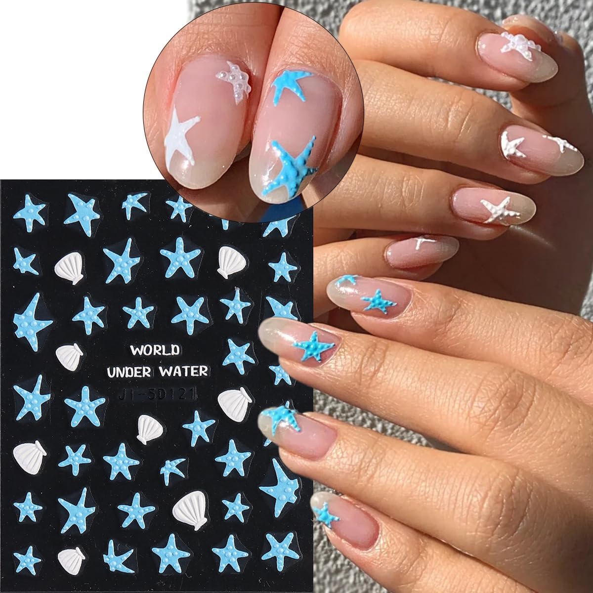 Summer Ocean Nail Stickers, Starfish & Sea Horse Nail Decals, 4 Sheets 5D Embossed Vacation Nail Art
