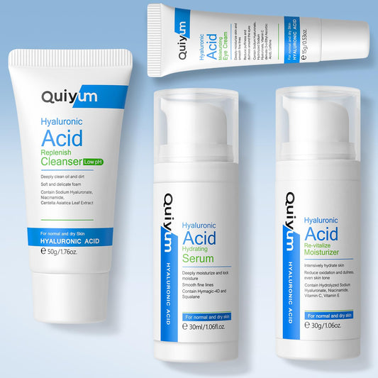 Hyaluronic Acid Skin Care Set, Hydration Kit for Women Teen Girls, Low pH Cleanser, Moisturizer, Serum, Eye Cream, Anti Aging, Firming, Travel Size Facial Care Gift Set for Dry Sensitive Skin