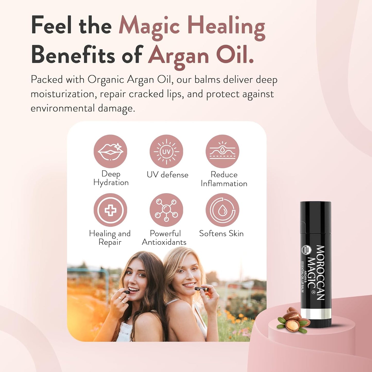 Moroccan Magic Organic Watermelon Lip Balm 3 Pack | Ultra-Hydrating Argan & Essential Oil Lip Moisturizer + Vitamin E | Natural Chapstick for Dry Lips | Smooth, Non-Toxic | Organic Lip Balm