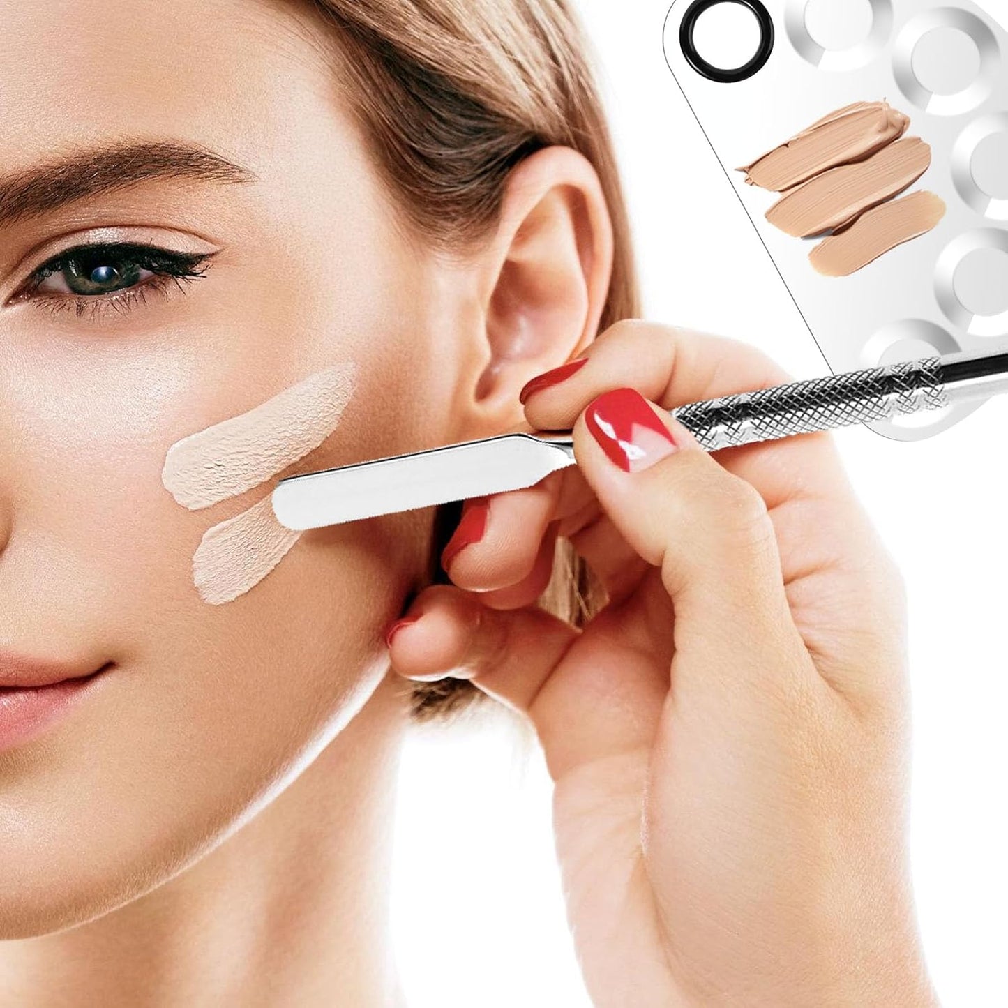 Makeup Mixing Foundation Palette Tools - Stainless Steel Nail Art Palette with Makeup Foundation Spatula Professional Cosmetic Mixing Makeup Palette Tray for Eye Shadow Eyelash Lipsticks Nail Art
