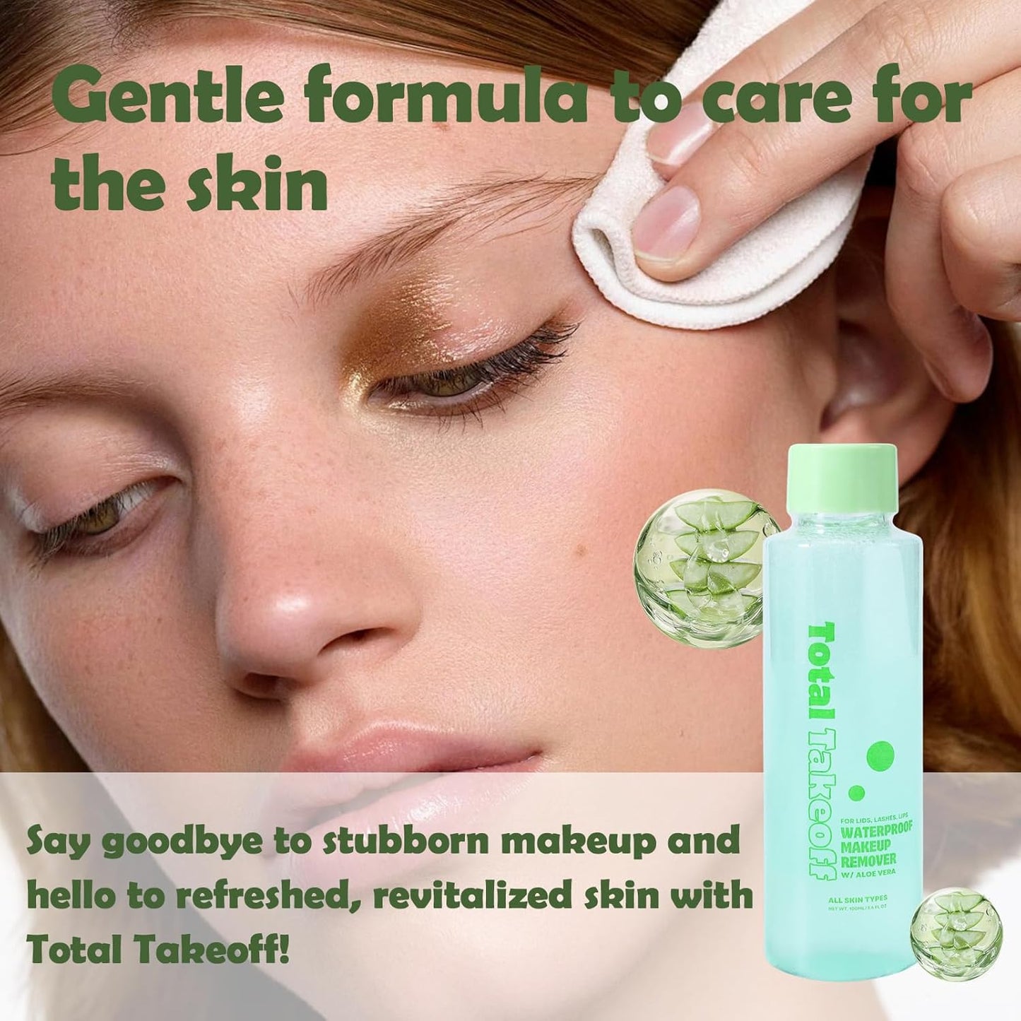Total Takeoff Waterproof Makeup Remover – Dual-Phase Oil & Water Formula, Removes Eye & Lip Makeup, Gentle for Sensitive Skin, Aloe & Argan Oil, No-Rinse, 3.4 fl oz/100ml