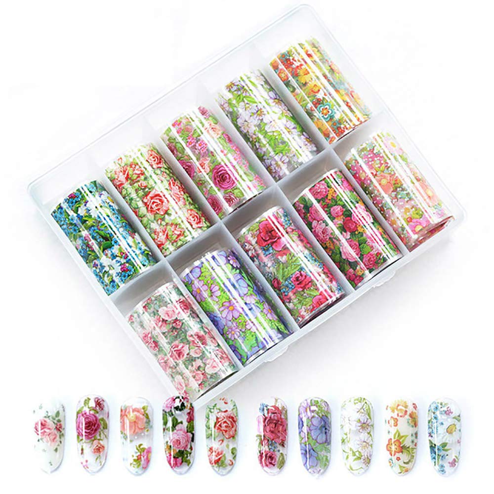WOKOTO 10 Rolls Nail Art Foil Transfer Stickers Tips Flower Design Nail Wraps Decals Set Starry Sky Manicure Accessories (1.57inches×39.4inches)