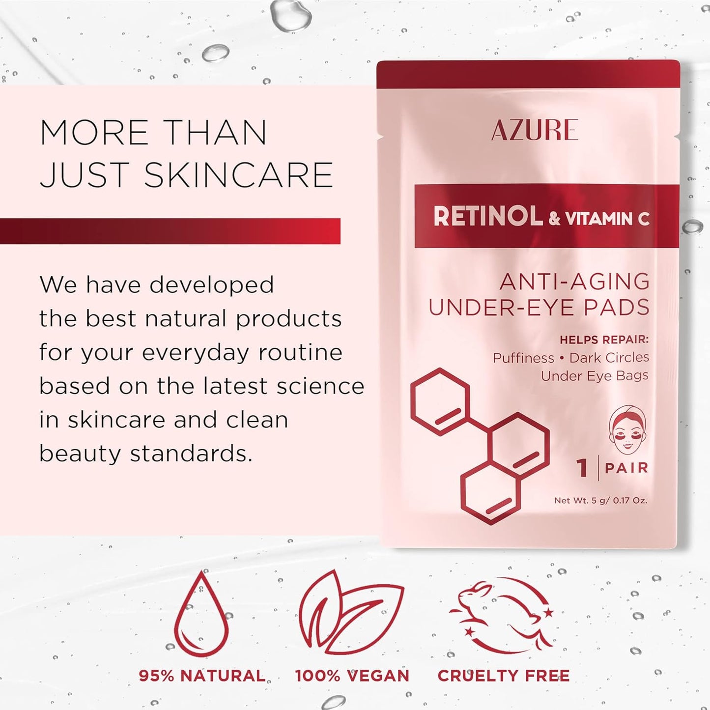 AZURE Retinol & Vitamin C Anti Aging Under Eye Pads - Hydrating & Refreshing Eye Mask Patches - Reduces Fine Lines, Wrinkles, Dark Circles & Puffiness - Skin Care Made in Korea - 5 Pairs
